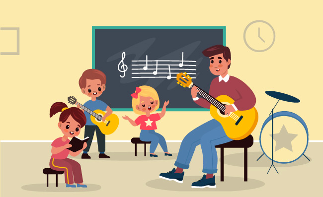 听老师讲课音乐课学习青年学生小学或者幼儿园孩子矢量卡通插图