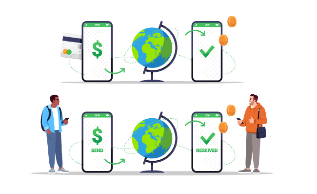 通过手机应用程序转移现金全球金融网络国际金钱交易卡通插图
