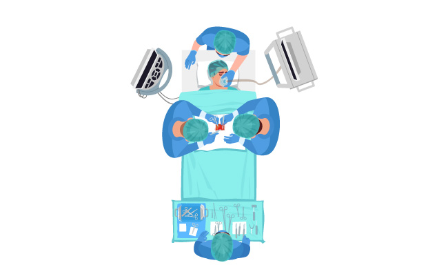 外科手术矢量图麻醉药物治疗护士帮助外科医生患者漫画人物顶视图