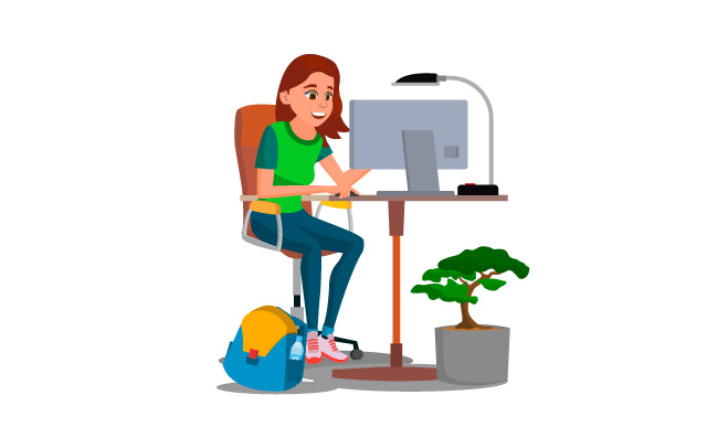 玩电脑的年轻女商人计算机电脑卡通插图