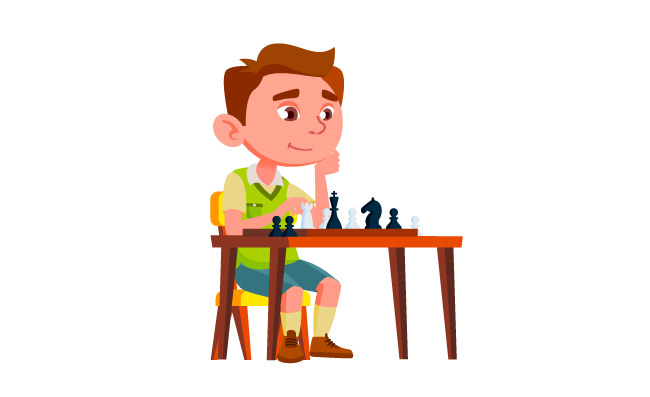 玩国际象棋的男孩儿童孩子卡通插图