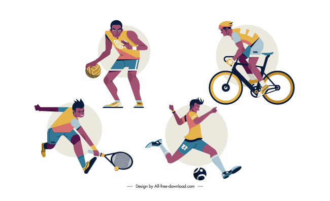 网球运动项足球篮球自行车远动人物扁平素材矢量