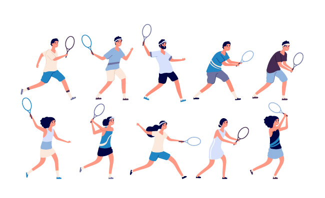 网球运动员男人和女人球拍打网球卡通人物