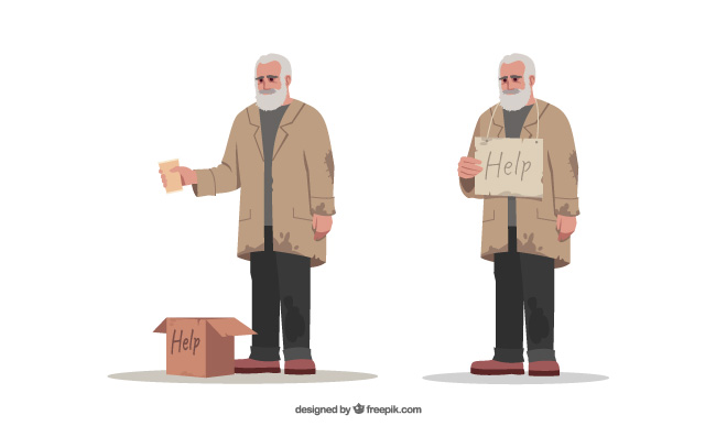 无家可归的人街边乞讨贫困的失业者失业的老人叫化子漫画人物矢量图