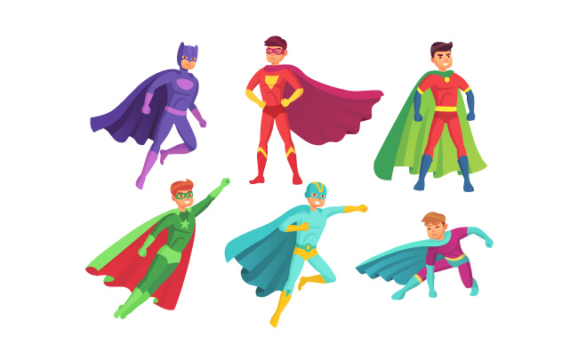 五颜六色的超人服装超级英雄人物斗篷姿势素材