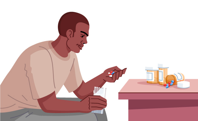 吸毒成瘾精神药物依赖慢性止痛药喝水吃药的年轻人卡通漫画人物