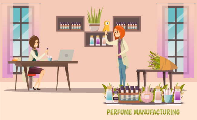 香水制造和成品香水店矢量工作人员人物素材插图