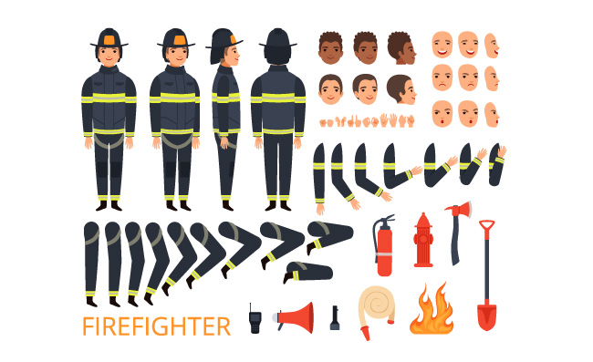 消防员角色身体部位制服和专业工具与灭火器铲斧矢量素材