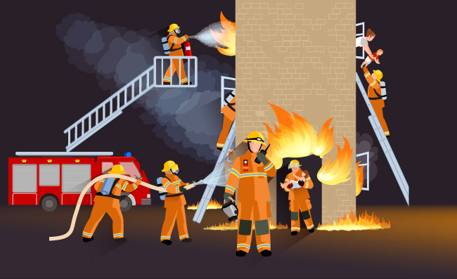 消防员消防车火灾危险事故救援卡通人物插图