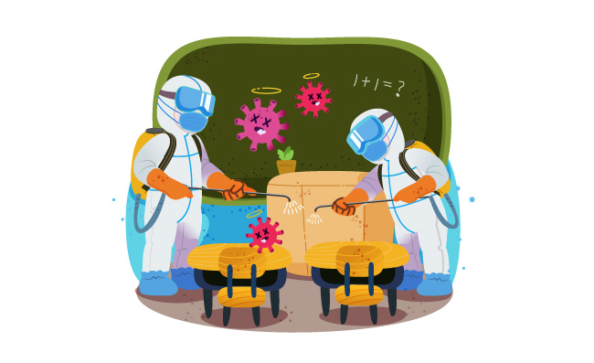 校园防疫穿防护服的工作人员教室消毒AI矢量元素