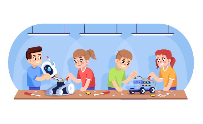 兴趣小组孩子们组装机器人自动化课程男孩和女孩创造电子玩具卡通人物