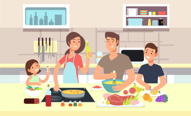幸福的家庭父母和孩子一起做饭烹饪妈妈和爸爸带着孩子在厨房卡通矢量插图