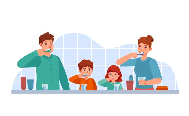牙科保健父母和孩子一起在浴室刷牙矢量素材