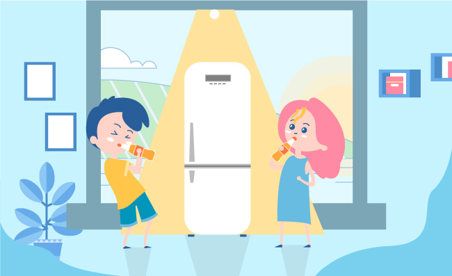 炎炎夏日男孩女孩冰箱前喝饮料卡通插画