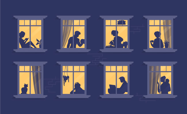 夜晚公寓人物剪影看书做饭看电视和一起消磨时光矢量图晚上家庭场景