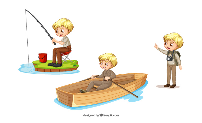 一个男孩在划船钓鱼做不同活动的卡通人物矢量
