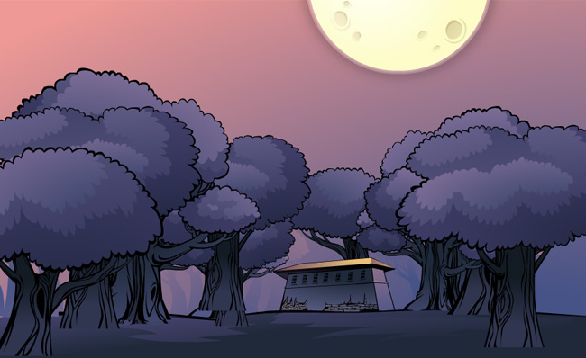 月光下房屋建筑及树林手绘二维动漫场景