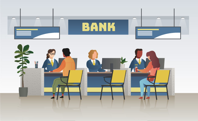 银行办公室内部专业银行服务财务经理和客户场景人物素材