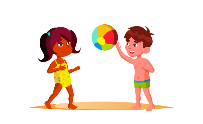印地安儿童女孩和欧洲男孩海滩衣服玩球