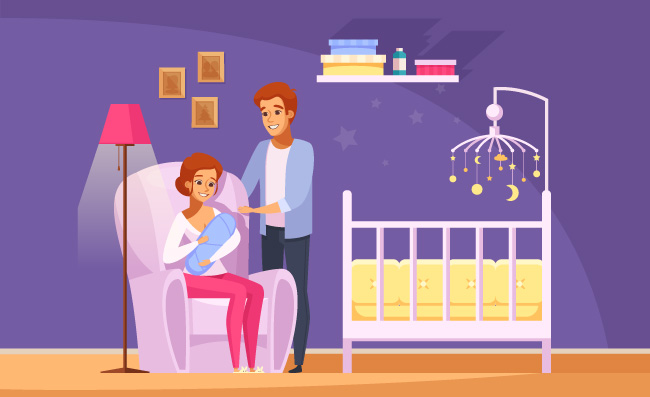 婴儿房里哄宝宝的夫妇父母人物房间场景素材