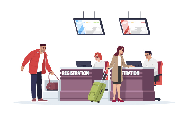 游客在飞行前办理登机手续行李托运机场登记台工作人员旅客卡通人物矢量图