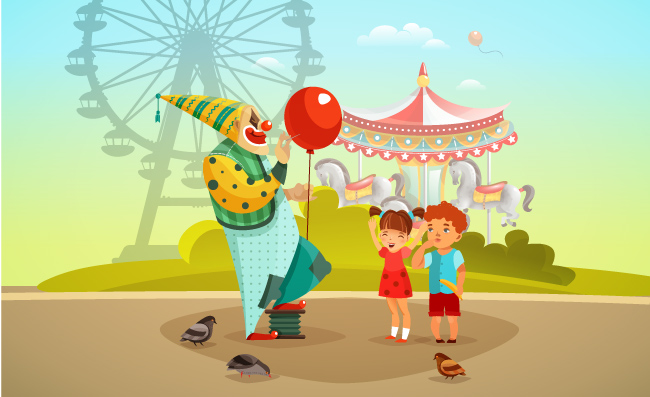 游乐园小丑气球表演孩子复古矢量插图