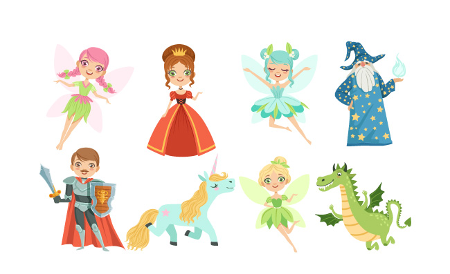 有趣的独角兽巫师童话人物公主独角兽龙和骑士卡通风格的矢量插图