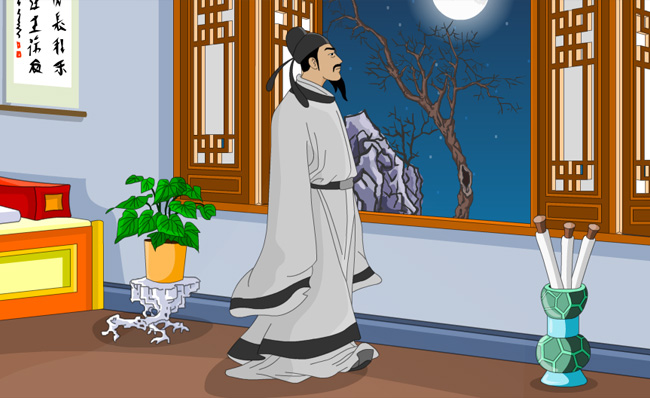 诗人李白在室内赏月手绘动漫国学漫画背景