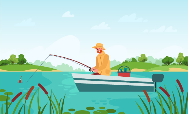 渔夫捕鱼的小船江上钓鱼竿夏天风景男性角色在湖或池塘上休闲捕鱼通矢量插图