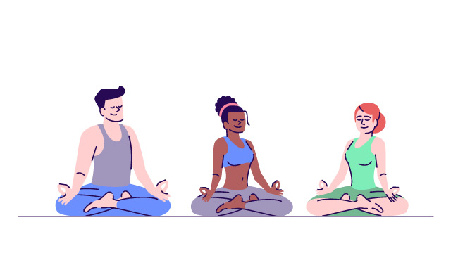 瑜伽训练盘腿坐男人和女人卡通人物