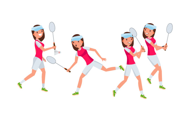 羽毛球女选手不同姿势漫画人物