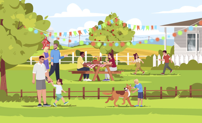 在度假夏季农村野餐孩子们在户外玩风玩耍的商业用途卡通人物