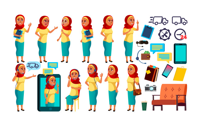 在工作的客服阿拉伯女孩女性矢量工作人物生气高兴日常表情卡通插图