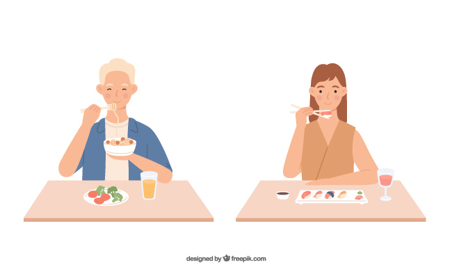 在吃饭的人物用叉子吃面和用筷子夹寿司食物矢量