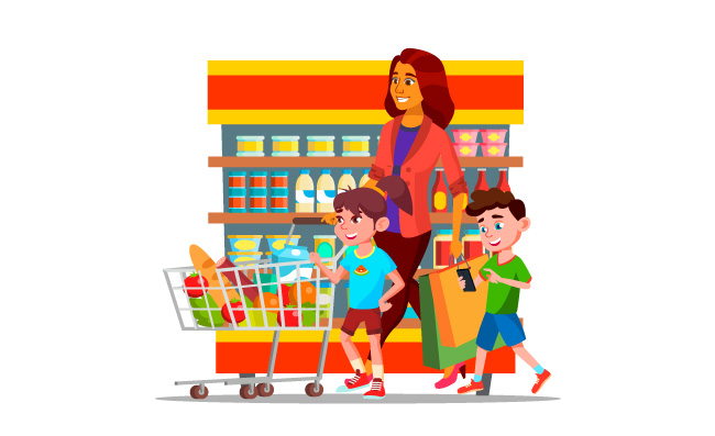 在大型超市母亲带着孩子购物卡通家庭购物购物中心推车采购的人们素材货架商品素材