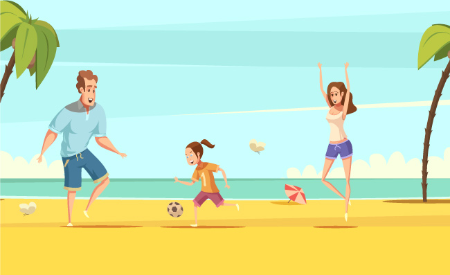 在海滩沙滩玩耍踢球的父女人物场景素材