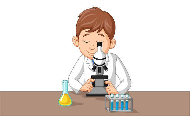在实验室里使用显微镜的小男孩矢量图片