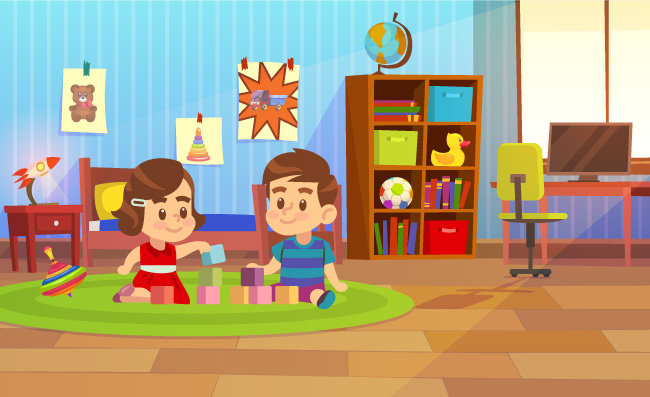 在卧室里玩耍的孩子坐在地毯上和朋友一起玩的儿童人物场景素材