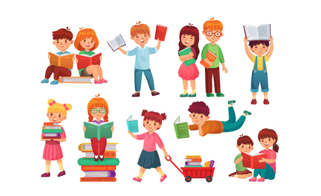 在一起读书的孩子们快乐的孩子阅读书女孩男孩一起学习卡通矢量图