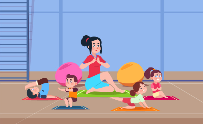 在瑜伽课的孩子在健身房内锻炼的辅导员矢量儿童图片