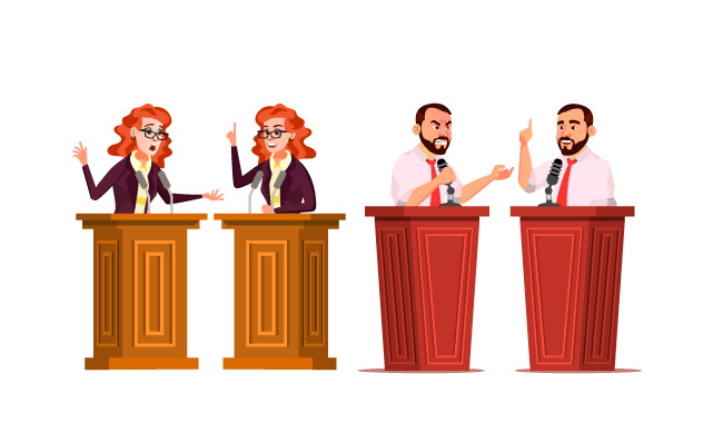政客辩论卡通人物插图扬声器矢量男人女人发表公开演讲商人演讲台争辩人物矢量