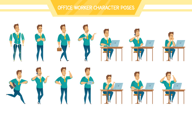 职场男性办公室工作者不同姿势表情情绪集矢量