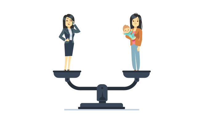 职业女性和家庭主妇工作与生活平衡矢量天平插图