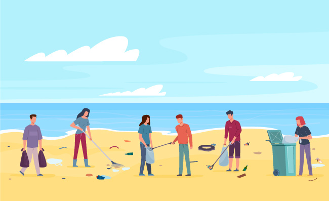 志愿者海滩清理废物收集塑料垃圾矢量图片