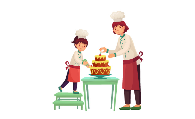 制作生日蛋糕的儿童坏人厨师烘烤烹饪食物矢量图