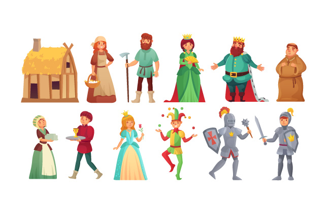 中世纪历史人物城堡骑士农民和国王服装卡通矢量历史人物图片