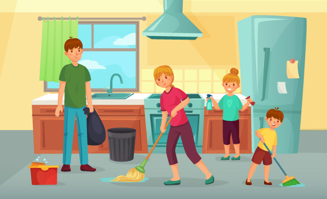 周末家庭打扫日集体大扫除除尘擦地清洁卡通矢量图