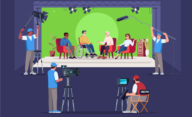 专栏节目采访坐轮椅的男人交谈电视节目幕后工作者矢量人员插图