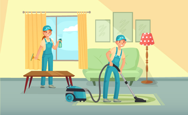 专业清洁工人清洁客厅的男人和女人清洁公司工作人员职员图片