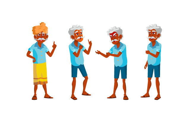 资深印度老人姿矢量老年人士印度教亚洲老年卡通人物插图